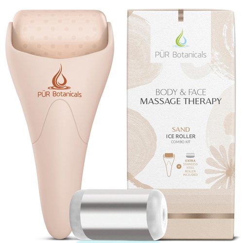 PUR Botanicals - Sand 2-in-1 Set Cryotherapy Ice Roller for Face Wrinkles Massager - Skin Care Tool for Puffiness - Face Depuffer Ice Facial Eye Skin Roller - TMJ Pain Relief & Minor Injuries