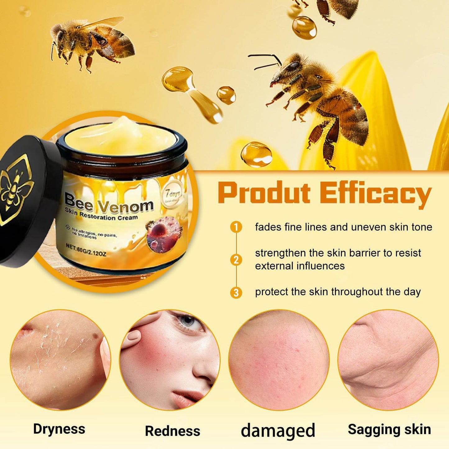 Bee Venom Skin Treatment Cream, Wrinkle Removal Firming Anti-Aging Moisturize Comprehensive Restoration Cream. (1PCS)