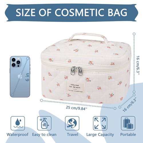 Large Travel Quilted Makeup Bag for Women,Big Floral Cotton Cosmetic Bag, Cute Coquette Aesthetic Floral Toiletry Organizer Bag (Plaid-Flower)