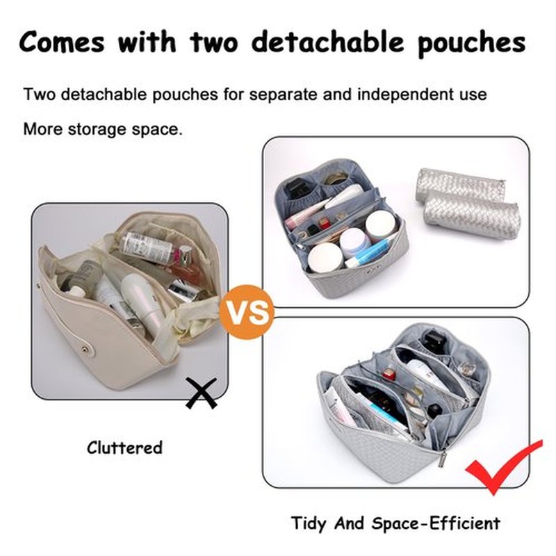 Travel Makeup Bags Cosmetic Organizer Bag: Large Capacity Make up Bag Set of 3 - Vegan Leather Toiletry Bag for Women - Portable Makeup Organizer with Compartments & Handle & Divider (1 Silver)