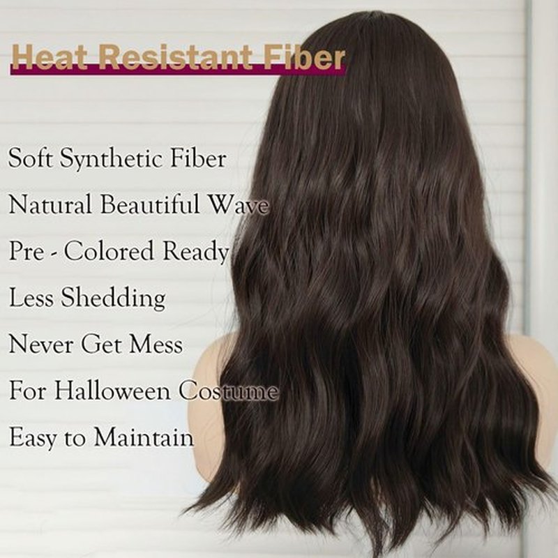 curldiva Brown Wavy Bob Wigs with Bangs 16inch Natural Brown Curly Wig Middle Part Simulated Scalp Heat Resistant Synthetic Hair for Daily Wearing