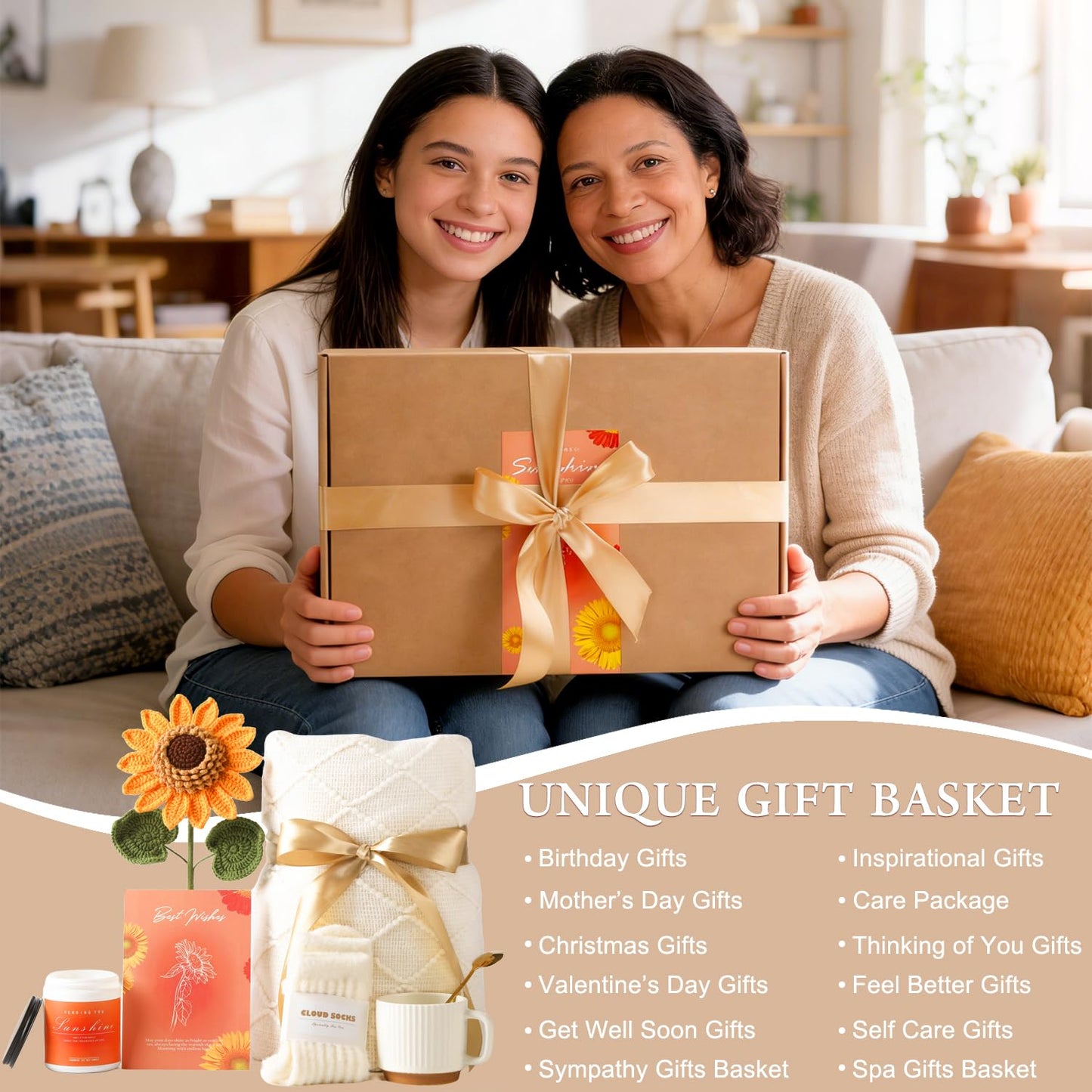 Sunflower Birthday Gifts for Women, Care Package for Women, Birthday Box for Woman, Hug in A Box, Get Well Basket, Birthday Gift Set, Self Care Gift Basket for Mom Her Friend Sister Coworker