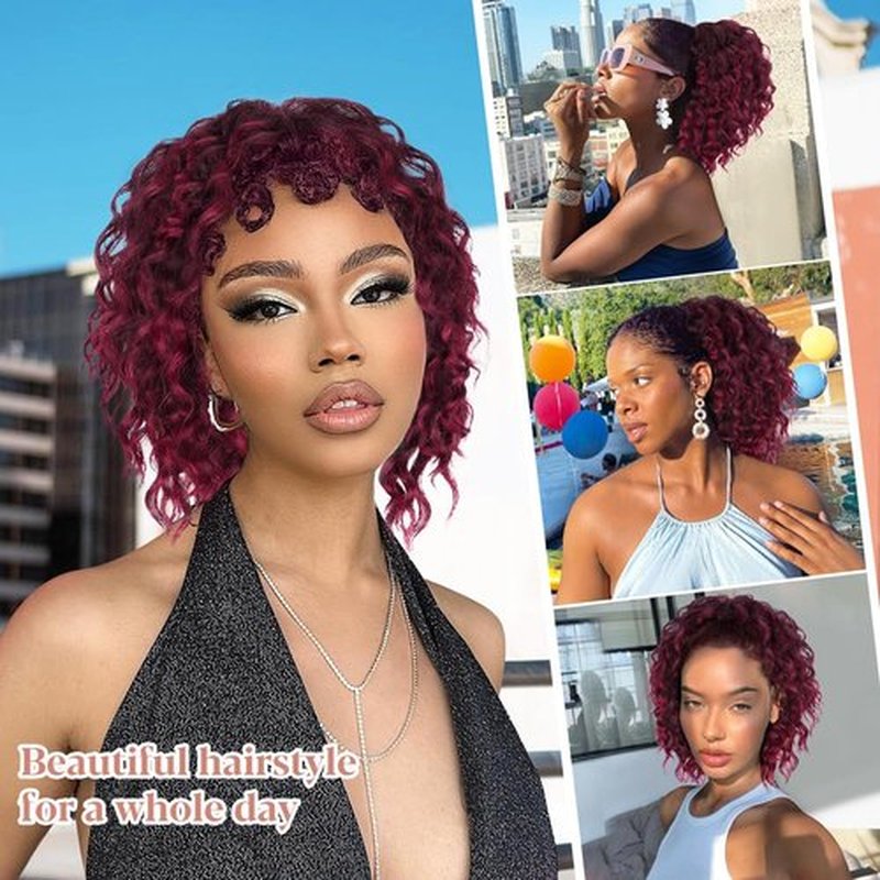 ALXNAN Wavy Curly Ponytail Extension, 8" Ombre BUG Drawstring Ponytail For Black Women Short Soft Natural Synthetic Hairpiece Thick For Daily Use
