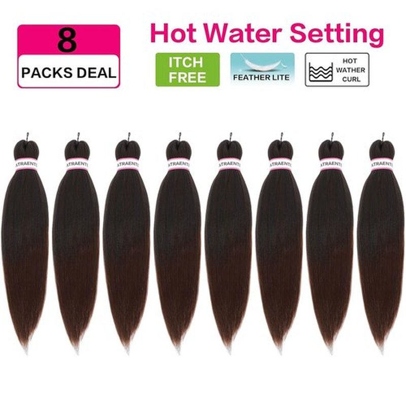 ATRAENTE Prestretched Braiding Hair 18 Inch Ombre Braiding Hair Pre Stretched 8 Packs Hot Water Setting Yaki Texture Hair Braids（18" 1B/4/30)