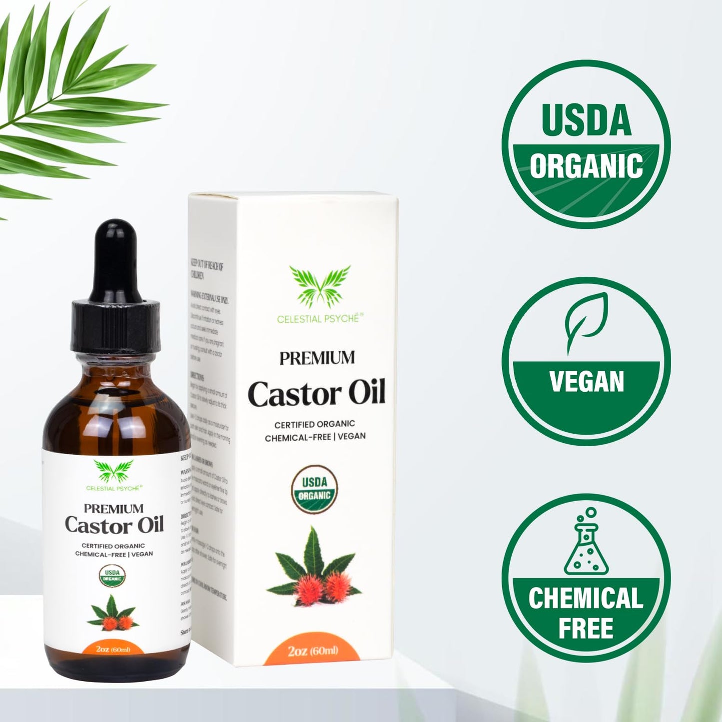 Celestial Psyché USDA Certified Organic Castor Oil (4 Oz with Essential Bundle - Eyebrow Kits) 100% Pure Natural, Chemical-Free, Hexane-Free, Promote Lash, Brow, and Hair Growth, Skin Hydration