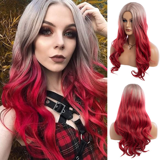 Beweig Long Curly Wavy Silver Grey to Red Wig Middle Part Natural Looking Synthetic Cosplay Wig for Women