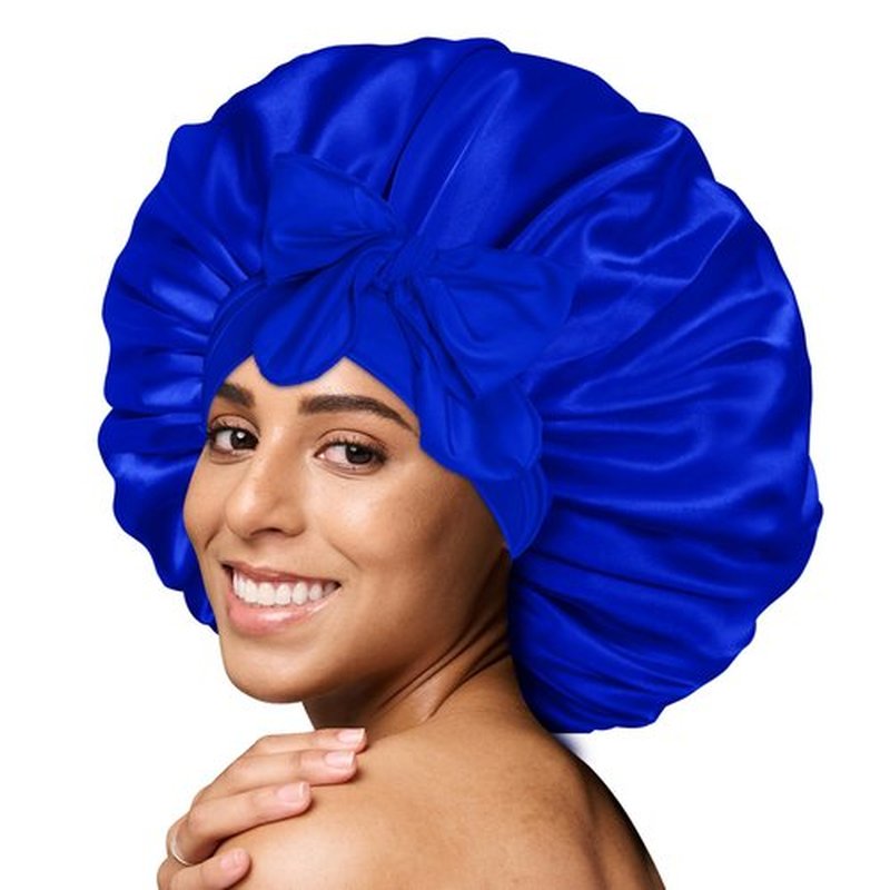 BONNET QUEEN Silk Satin Bonnet for Sleeping Women Adjustable for Curly Dryer Braid Wig Hair Tie Band Night Hat Cap Loc Soft Elastic Blue