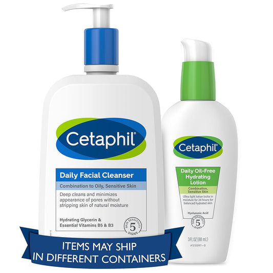 Cetaphil Bundle - Daily Facial Cleanser for Sensitive, Combination to Oily Skin NEW 20 oz and Daily Hydrating Lotion for Face, with Hyaluronic Acid, 3 oz, Mother's Day Gifts