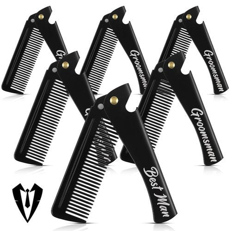 Lineshading 6 Pcs Folding Beard Comb for Men Groomsmen Gift Best Man Gift Pocket Combs Bulk Hair Mustache Comb for Grooming Detangling Wedding Favor Gift (Black,Stainless Steel)