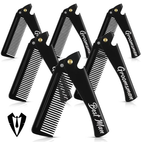 Lineshading 6 Pcs Folding Beard Comb for Men Groomsmen Gift Best Man Gift Pocket Combs Bulk Hair Mustache Comb for Grooming Detangling Wedding Favor Gift (Black,Stainless Steel)