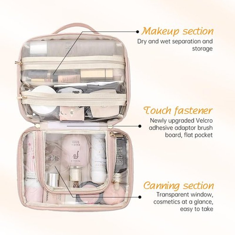 Doblopup Multi Compartment Toiletry Cosmetic Bag, PU Large makeup bag with compartments, Set Patient Multi Compartment Toiletry Cosmetic Bag For Women Girls Travel makeup bag with compartments (Pink)