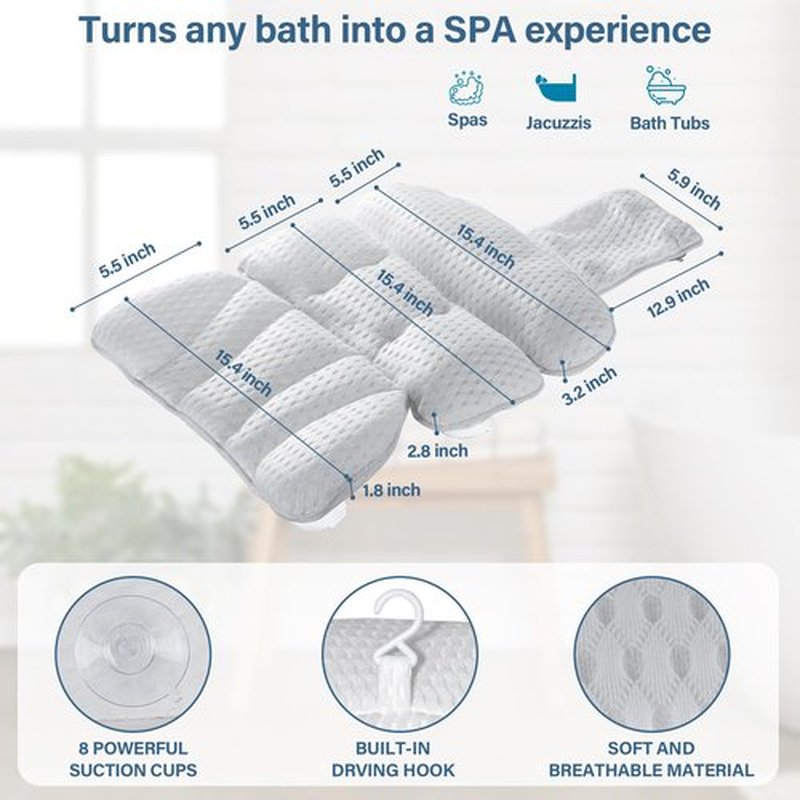 Bath Pillow Bathtub Pillow for Tub Luxury Bath Tub Pillows for Tub Neck and Back Support with Soft Mesh Fabric and 8 Strong Powerfull Non-Slip Suction Cups Relaxing Bath Accessories Spa Gifts, White