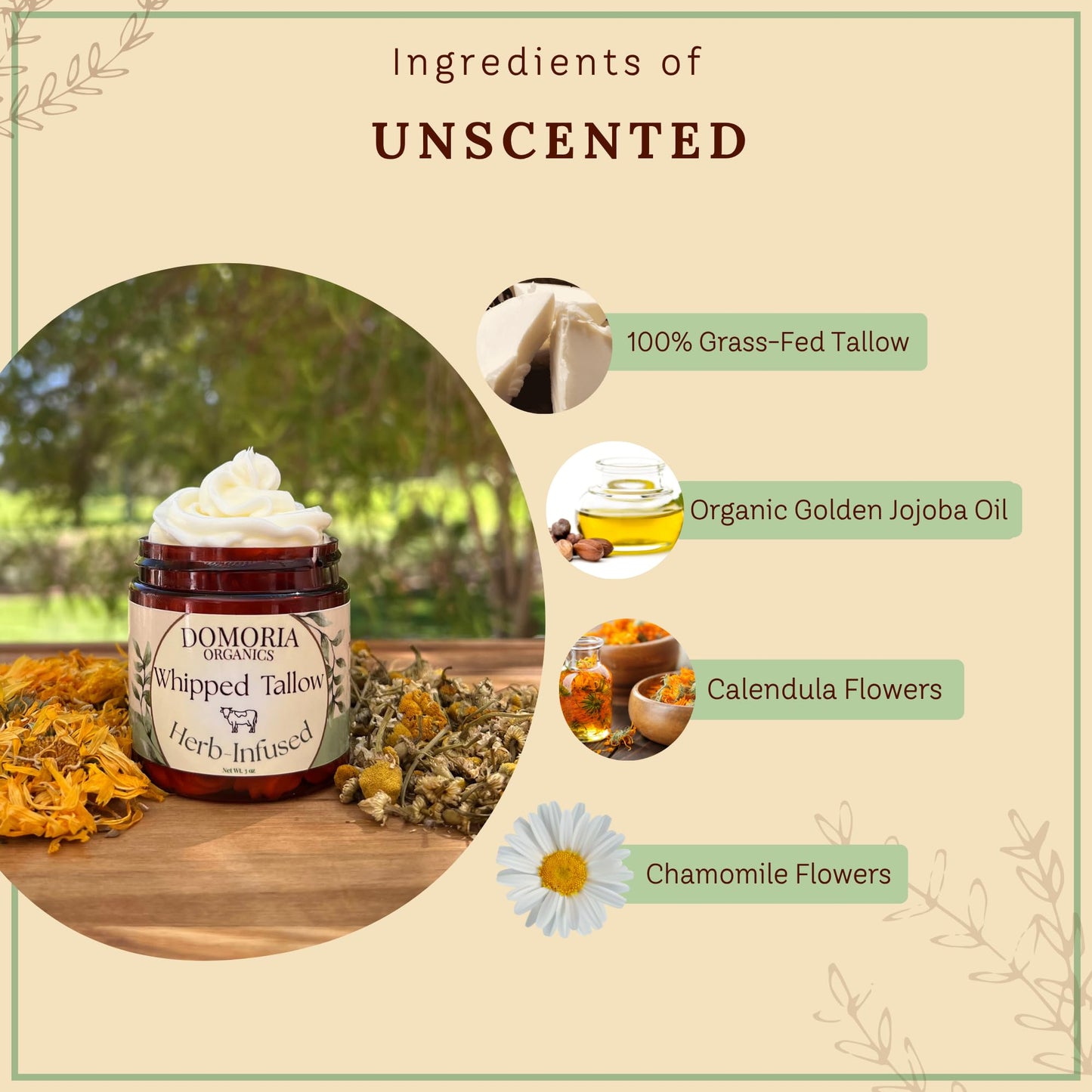 Domoria Organics 100% Grass-Fed Tallow Balm - Herb-Infused Chamomile & Calendula Moisturizer for Men, Women, Baby, Psoriasis, Eczema, Dry Sensitive Skin - Unscented