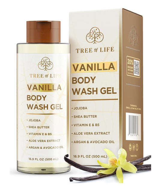 Tree of Life Vanilla Body Wash Gel - Moisturizing Shower Gel with Jojoba Oil & Shea Butter | 16.9 fl oz
