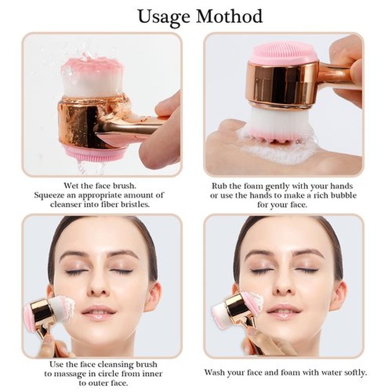 Beomeen Face Brush 2 in 1, Facial Cleansing Exfoliating Brush with Ultra Fine Soft Bristles for Pore Deep Cleansing Silicone Double Side Face Wash Scrub Brush for Skin Care, Gold