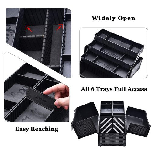 Joligrace Makeup Train Case Professional Adjustable - 6 Trays Cosmetic Cases Makeup Storage Organizer Box with Lock and Compartments 14 Inch Large Black