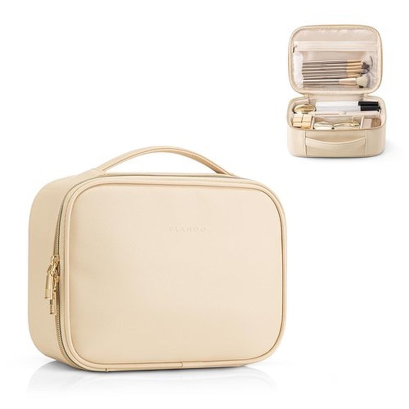 Vlando Travel Makeup Bag,Portable Cosmetic Bag Makeup Case Organizer, Makeup Bag with Adjustable Dividers for Women,Girls,Wedding,Cosmetic Brushes,Toiletry,Gifts,Anniversary-Beige