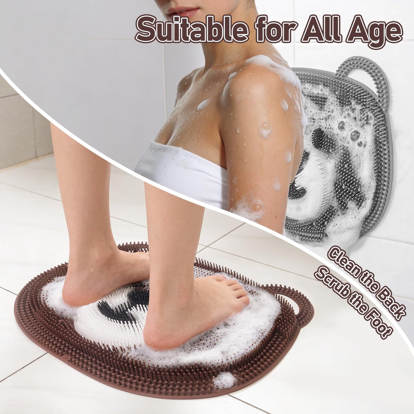 Foot Scrubber Mat in Shower 2 Pack, Vynusio Silicone Shower Foot & Back Scrubber Exfloating Cleaner Washer Pad Non-slip Suction Cups - Feet Massage Points Reflexology for Women Child 13*11" Cf& Grey
