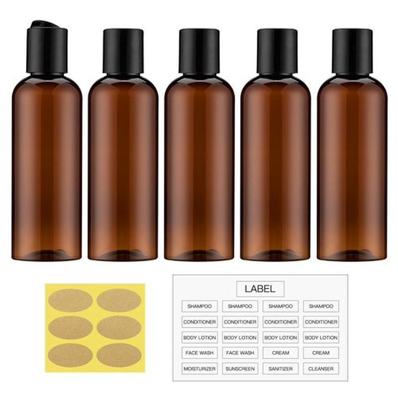 owlyee 3.4 oz Travel Bottles for Toiletries, Empty Travel Size Containers Tsa Approved, 5PCS Small Plastic Shampoo Bottles with Labels (100ml, Amber)