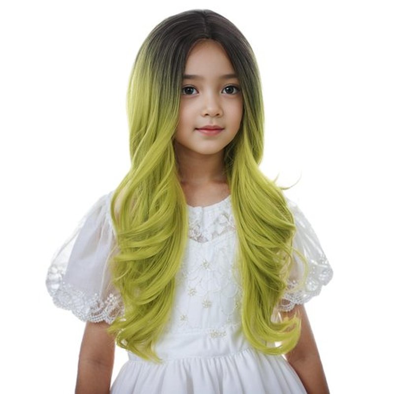 Edivd Kids Black Ombre Green Wig Girls Long Green Wavy Curly Wig Children Black to Green Middle Part Wig Heat Resistant Synthetic Wig with Wig Cap