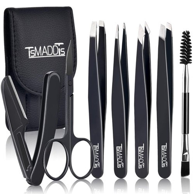 TsMADDTs Professional Stainless Steel Tweezers for Women and Men, 7 Pack Precision Tweezers for Eyebrows with Curved Scissors and Eyebrow Razor for Ingrown Hair