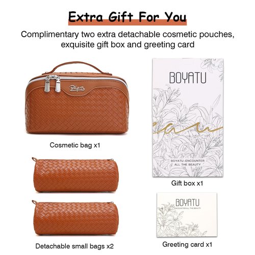 Travel Makeup Bags Cosmetic Organizer Bag: Large Capacity Make up Bag Set of 3 - Vegan Leather Toiletry Bag for Women - Portable Makeup Organizer with Compartments & Handle & Divider (2 Brown)