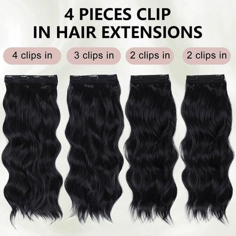 ALXNAN 4PCS Hair Extensions,Clip in Black Hair Extensions,Long Wavy Natural Soft Synthetic Hairpieces for Women