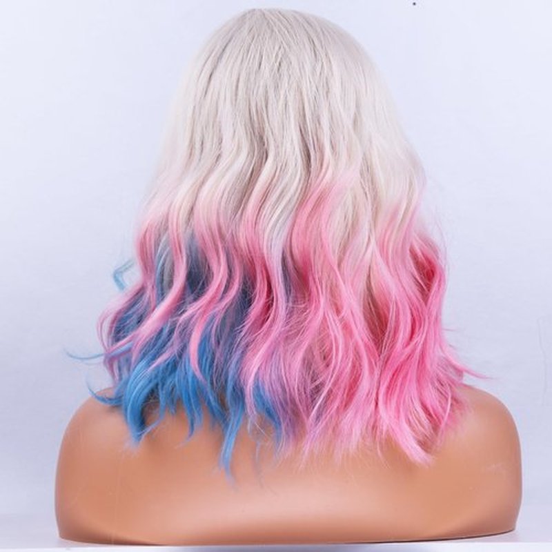 BERON Blonde Ombre Pink Blue Wigs Short Curly Bob Wig for Women Ombre Color Wavy Synthetic Hair Wigs Daily Use
