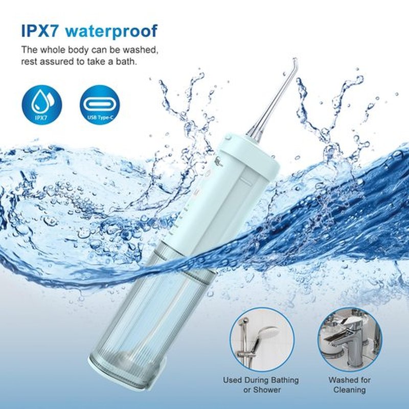 JNGOODS Mini Portable Water Flosser Oral Irrigator Water Teeth Cleaner Pick, Telescopic Water Tank, 4 Modes & IPX7 Waterproof, Home & Travel Water Flossers for Teeth, Braces Bridges Care. (Pearl Blue)