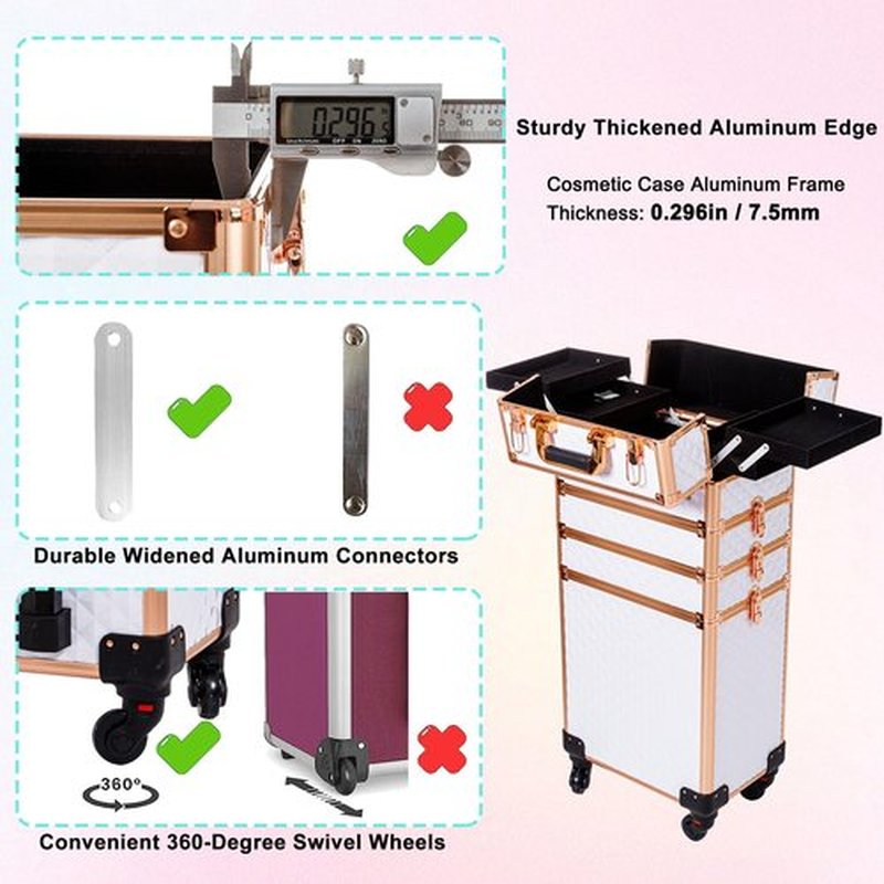 AROUS Rolling Makeup Train Case Large Storage Cosmetic Trolley 4 in 1 Large Capacity Trolley Makeup Travel Case with Key Swivel Wheels Salon Barber Case Traveling Cart Trunk, White