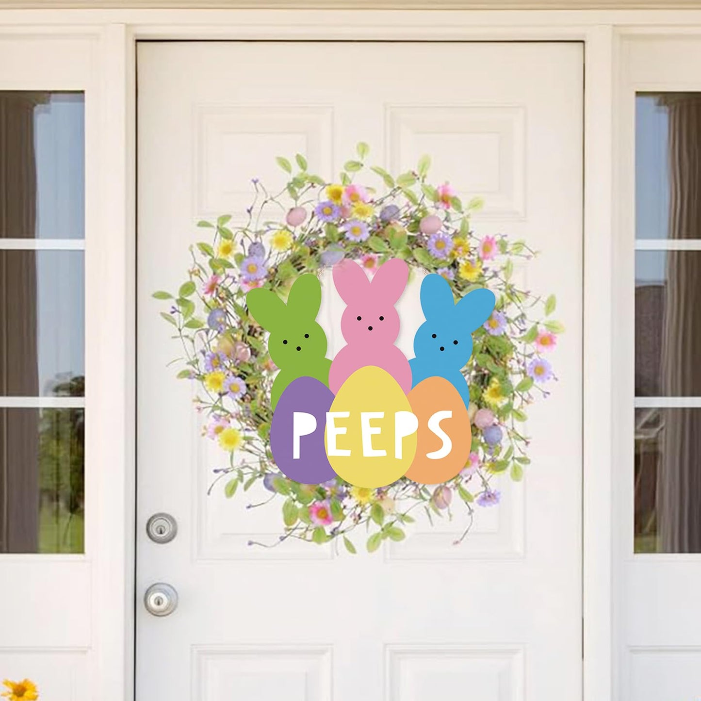 Easter Wreath Hanging Sign, Welcome Peeps Easter Door Decorations Cute Bunny Wood Hanger Wall Decor Home Window Farmhouse Door Sign Front Door