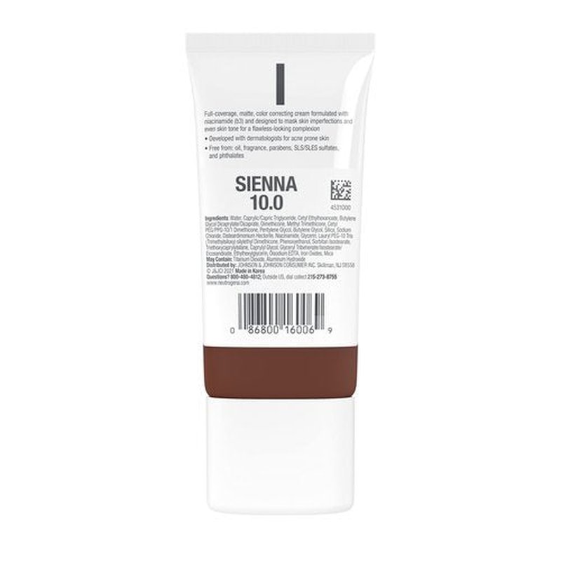 Neutrogena Clear Coverage Flawless Matte CC Cream, Full-Coverage Color Correcting Cream Face Makeup with Niacinamide (b3), Hypoallergenic, Oil Free & Fragrance Free, Sienna, 1 oz