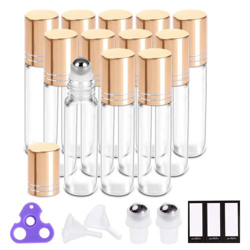 PrettyCare Essential Oil Roller Bottles 10ml (Clear Glass Bottle with Gold Cap, 12 Pack, 2 Extra Stainless Steel Balls, 24 Labels, Opener, Funnels for Oils, Roller on Bottles