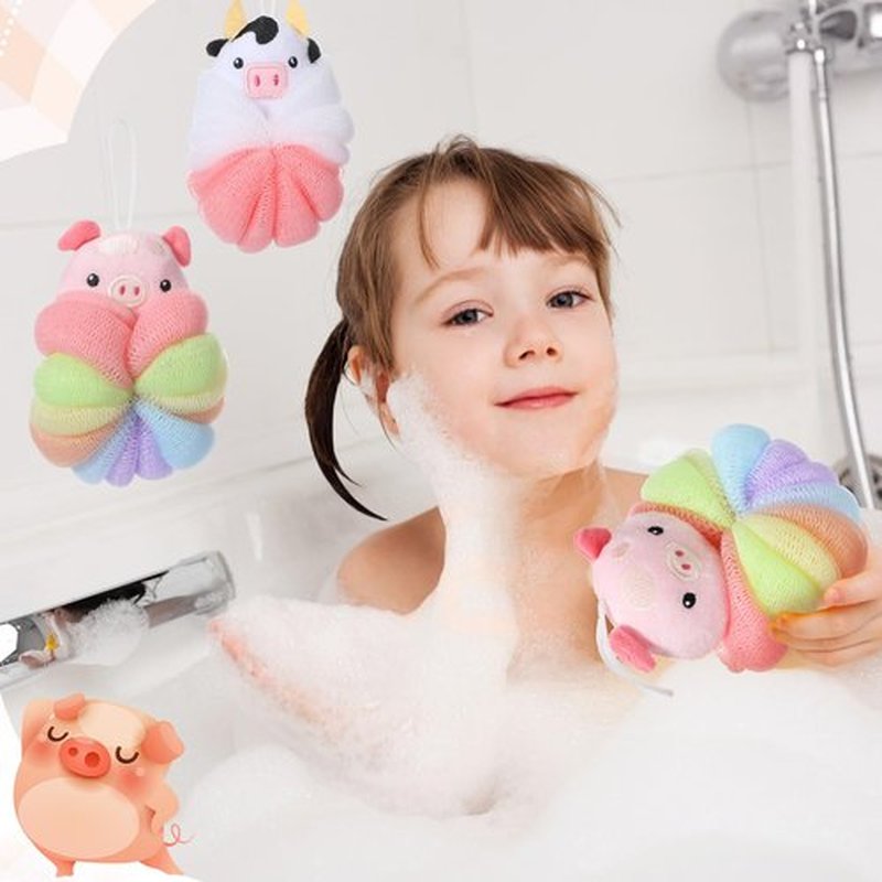 Nuenen 2 Pcs Bath Loofahs Kids Toddler Body Loofahs Cute Cartoon Kids Loofah Kid Bath Sponges Loofah Bath Pouf Body Scrubber Mesh Loofah Sponges for Children Shower Washing (Calf, Pig)