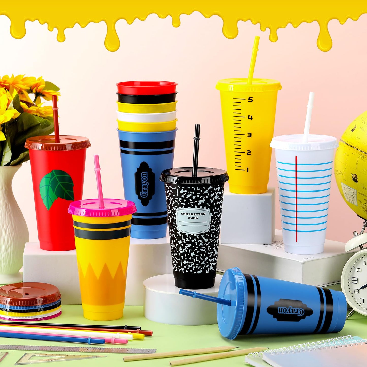 Rtteri 12 Pcs Back to School Reusable Plastic Coffee Cups in Bulk 24 oz Reusable Teacher Appreciation Cups Tumbler with Lids and Straws First Day of School Party Favors Gift for Classroom Supplies