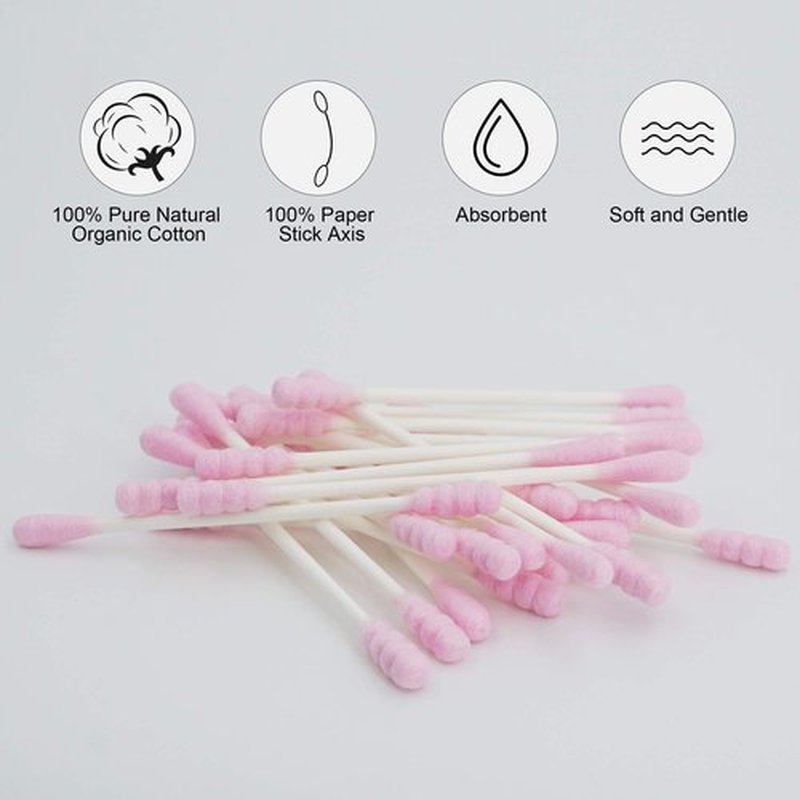 HOMEFOX Pink Cotton Swabs Spiral - 600 Count Organic Cotton Buds Double Side Tightly Wrapped Cotton Tips Paper Stick Soft Gentle Lint-Free Cruelty-Free, Round & Spiral (Pink)