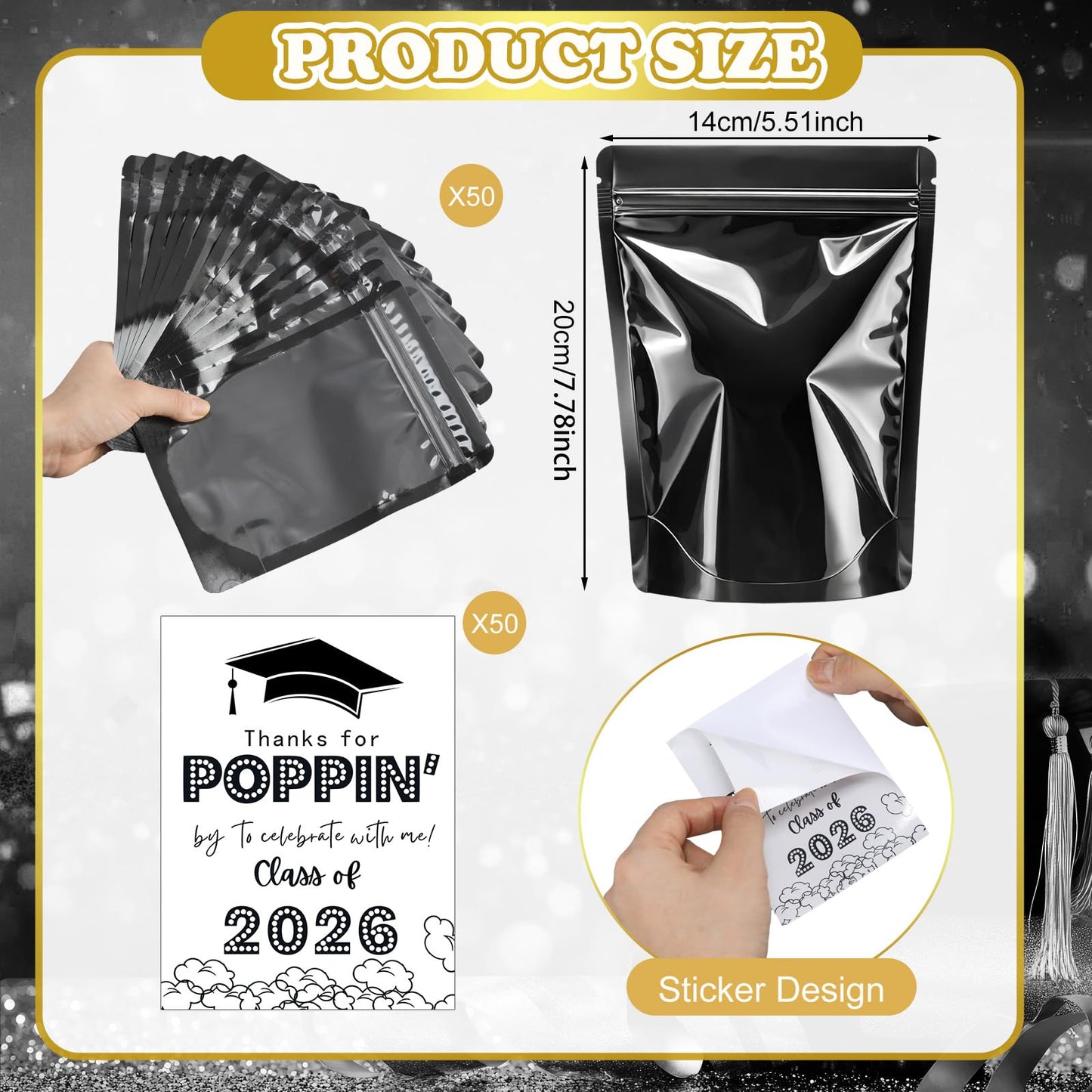Zhehao 50 Pack Graduation Popcorn Treat Bags Class of 2026 Graduation Party Favors Candy Goodie Cookie Small Gift Bags Thanks for Popping by to Celebrate Resealable Zip Bag Individual Stickers(Black)