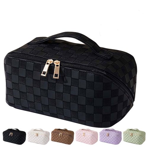 MINGRI Large Capacity Travel Cosmetic Bag for Women,Portable PU Leather Checkered Makeup Bag Water Resistant,Flat Open Multifunctional Storage Toiletry Bag with Divider and Handle (Grid-Black)