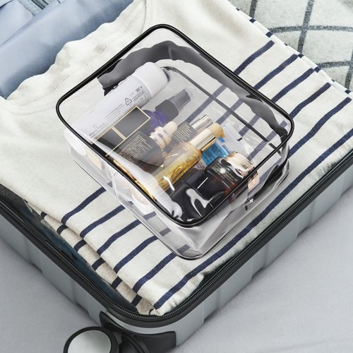 Wedama Clear Toiletry Bag, Cosmetic Bags 3 Pack with Zipper Carry on Airline Airport Travel Accessories, PVC Makeup Bags for Travel, Clear Travel Bags for Women and Men-Black