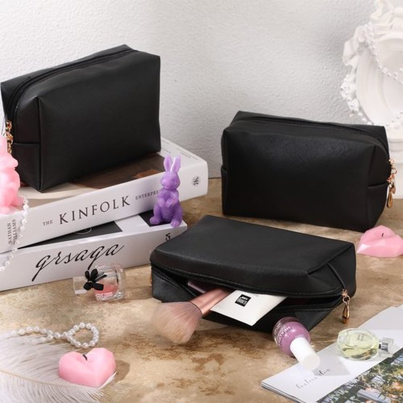 6 Pcs Preppy Patch Makeup Bag PU Leather Cosmetic Bag Waterproof Neat Travel Toiletry Pouch Portable Makeup Bag for Women Friends Cosmetic Organizer Travel Toiletry Pencil Case (Black)
