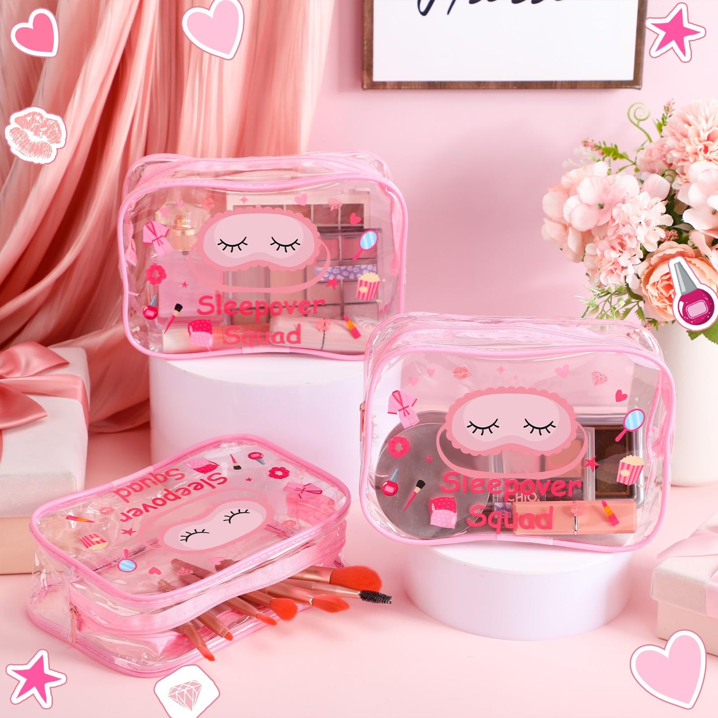 Aliceset 8 Pcs Sleepover Party Favors Sleepover Squad Make up Bags Waterproof Slumber Pajama Party Supplies Spa Birthday Overnight Sleep over Favors(Pink)