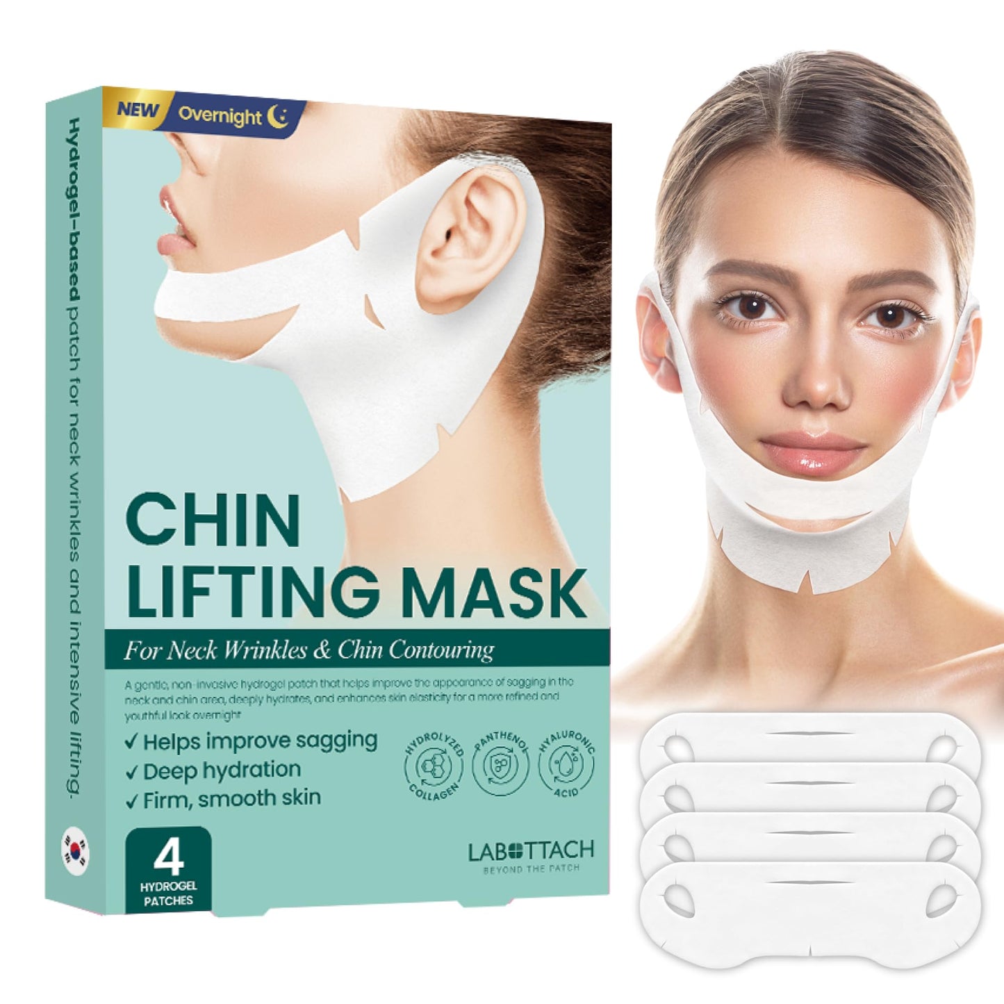 Wooshin Labottach Chin Lifting Mask 4ct – Korean Hydrogel Neck & Chin Patch for Sagging Skin, Neck Wrinkle Patches & V-Line Lifting, Firming Overnight with Hyaluronic Acid & Vitamin E