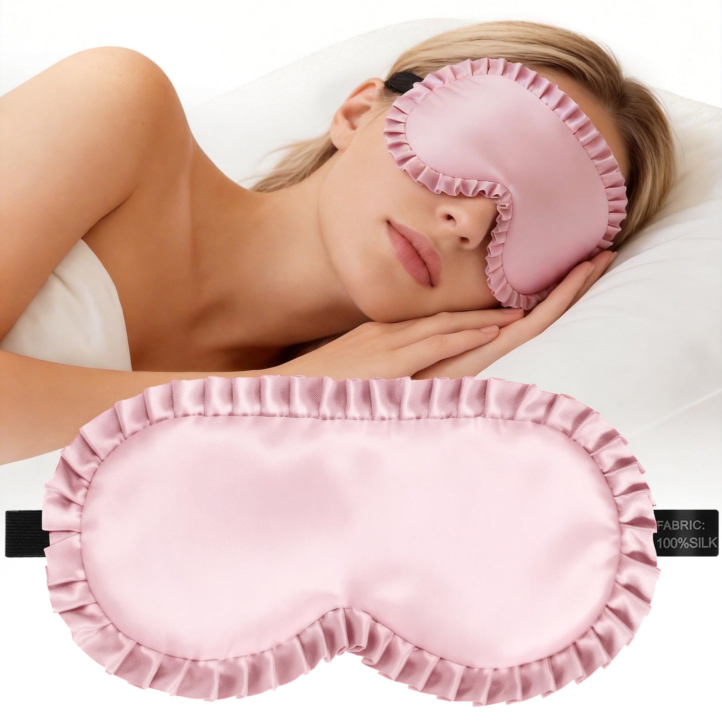 Silk Sleep Mask for Women: 100% Mulberry Silk Eye Mask, Black Back Sleeping Mask for Light Blocking, Soft Wavy Edge Eye Cover and Adjustable Strap, Travel & Sleep Gift (Pink)