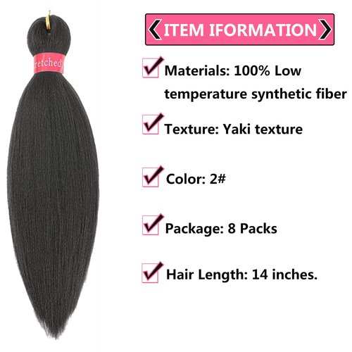 Pre-stretched Braiding Hair, Original Braid Hair Extensions, Hot Water Setting Crochet Hair Braids, Yaki Texture Easy Braiding Hair (14''-pack of 8, 2#)