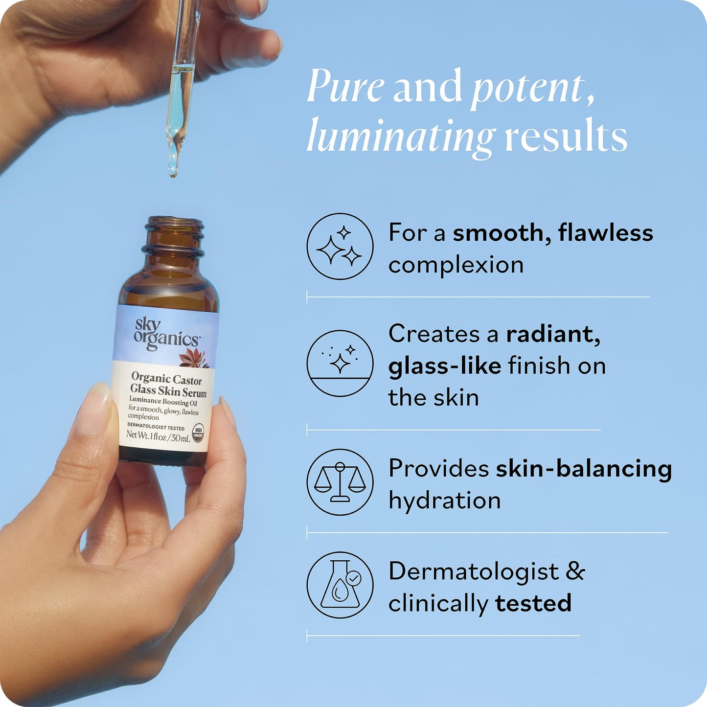 Sky Organics - Organic Castor Glass Skin Serum (1 fl oz/30 mL) Dermatologist Tested Natural Face Serum - Organic Castor Oil for Face, Neck, Chest - Jojoba Oil - Vegan, Cruelty Free, Beauty, Skin Care