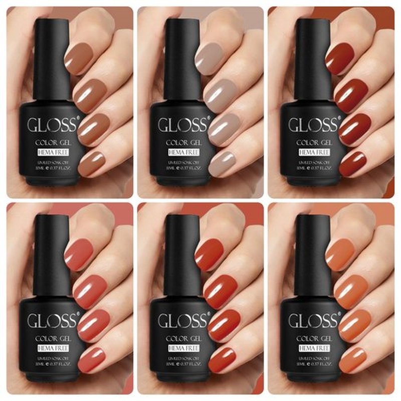 GLOSS Autumn Gel Nail Polish Set | HEMA Free 6pcs Set with Beige, Oat Milk, Burnt Orange, Rust, Flame, Tangerine UV Led Gel Nail Polish, Gel Varnish for DIY Manicure, Ideal Girls & Women Gift