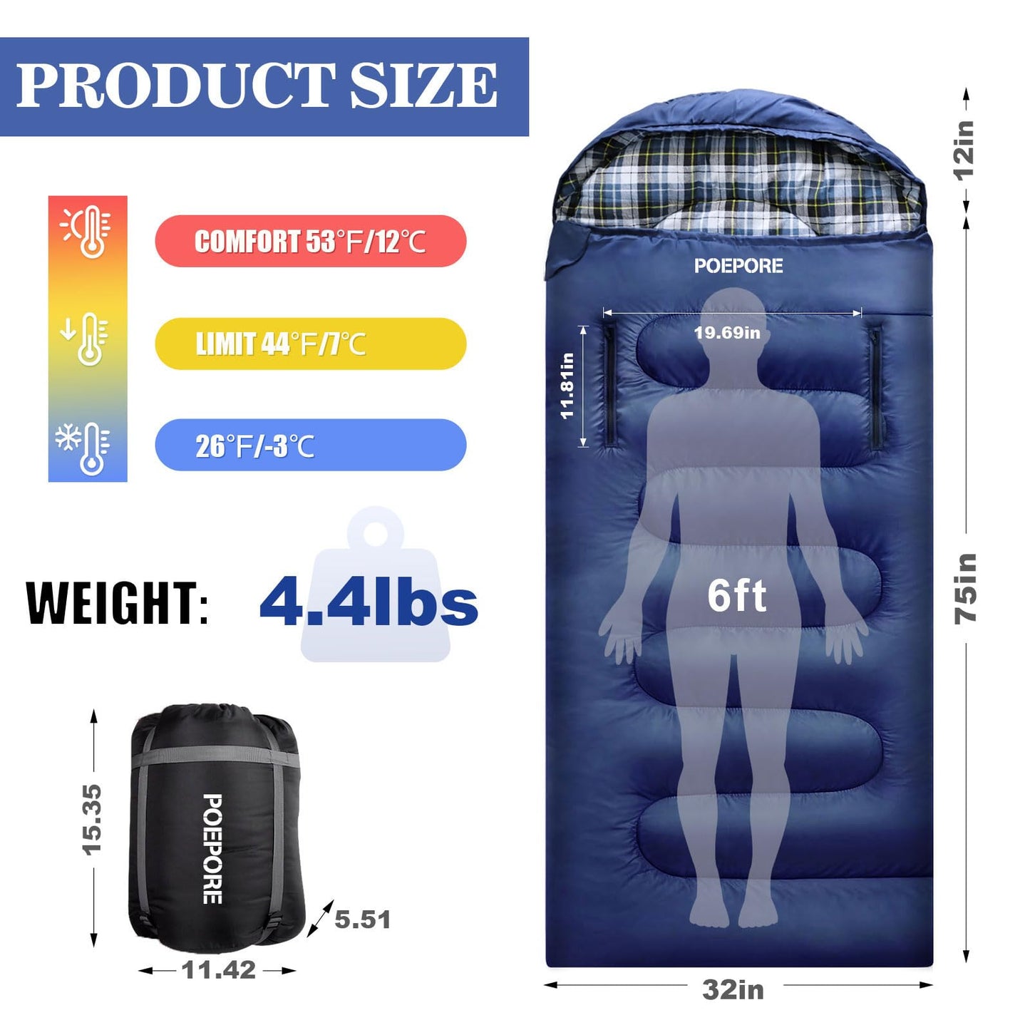 POEPORE Flannel Sleeping Bag Lightweight Warm Weather 3-4 Seasons for Adults XL Wearable Sleeping Bag Waterproof with Compression Sack Blue
