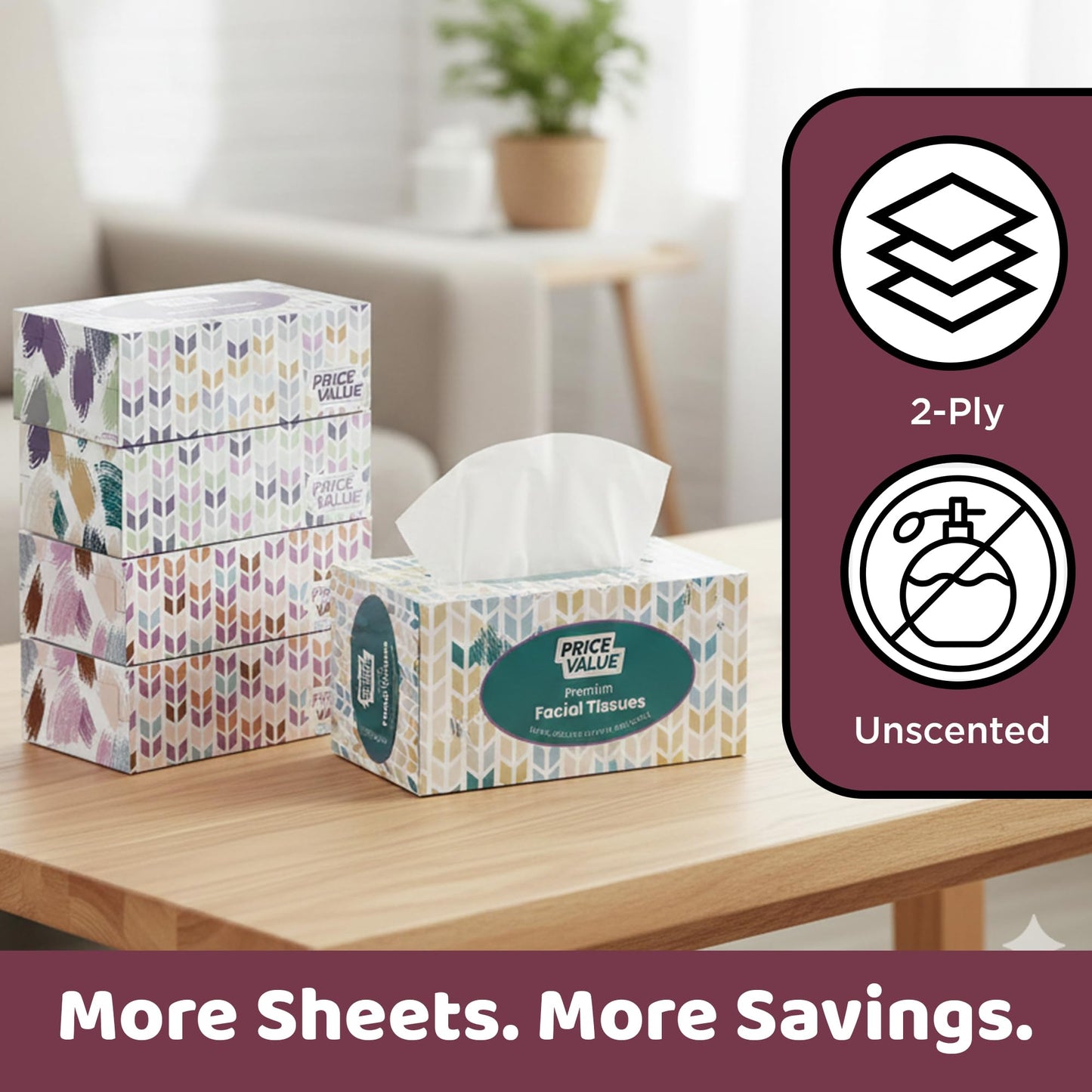 Price Value Facial Tissues, 2-Ply Soft Facial Tissue - 4 Boxes, 230 Sheets Per Box (920 Total Sheets), Gentle & Durable Tissue Boxes Bulk for Home, Office & Travel