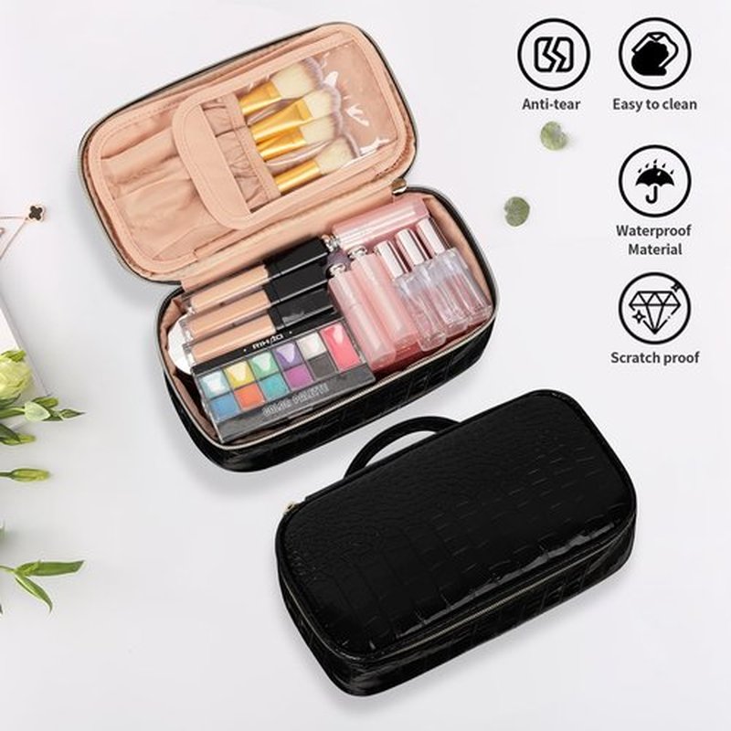 OCHEAL Small Cosmetic Bag,Portable Cute Travel Makeup Bag for Women and girls Makeup Brush Organizer cosmetics Pouch Bags-Black Leather