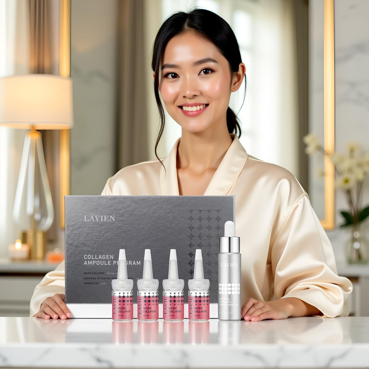 Lavien Collagen Ampoule Professional Program - Activating Booster, Ceramide, Elastin, Hyaluronic Acid, All Skin Types - 30ml Booster Bottle, 4-200mg Collagen with Dropper